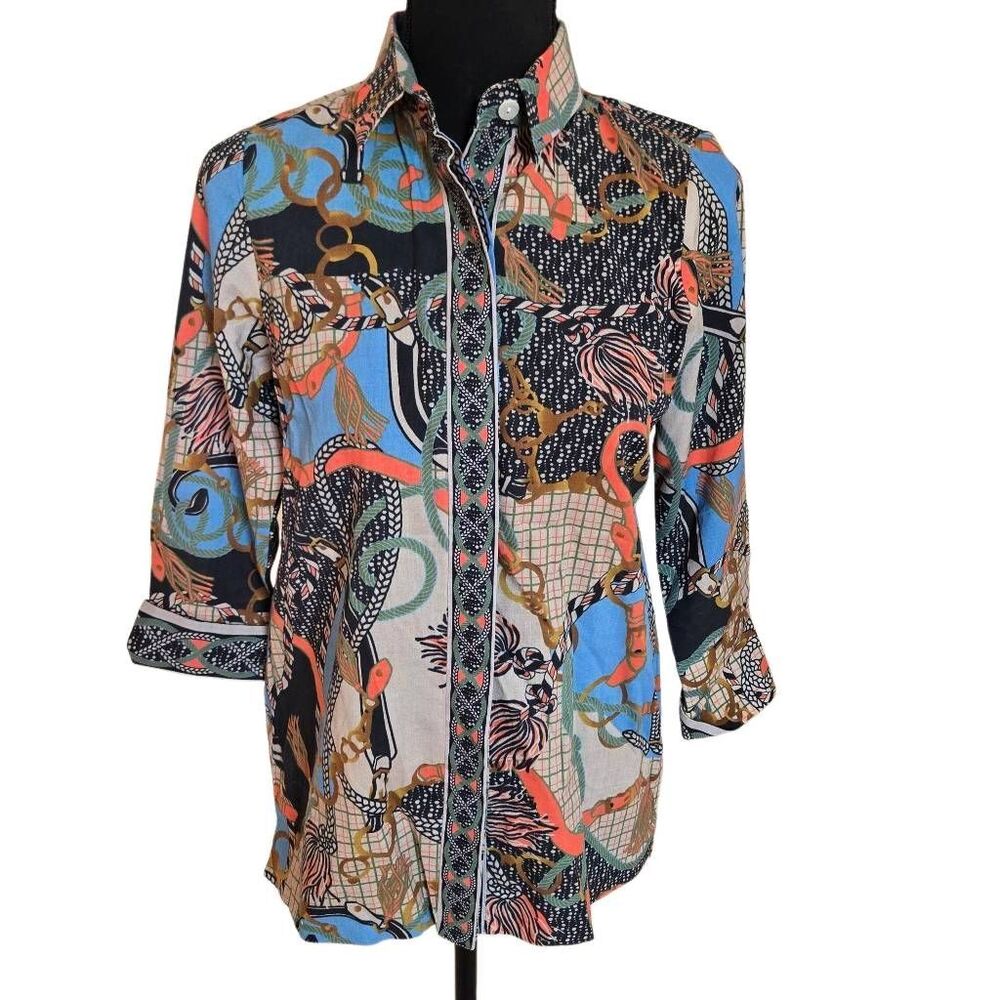 Gretchen Scott 3/4 Sleeve Button Up Boyfriend Blouse Multicolor Size Shrimp (XS) - Picture 2 of 10
